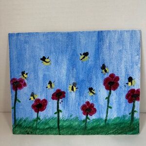Hand-painted cute spring floral gouache painting with a bees